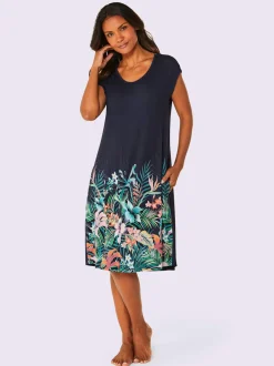 Robe d'été à encolure ronde et mancherons avec motif tropical
