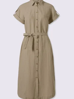 Robe d'été en lin et coton avec manches courtes et ceinture en tissu
