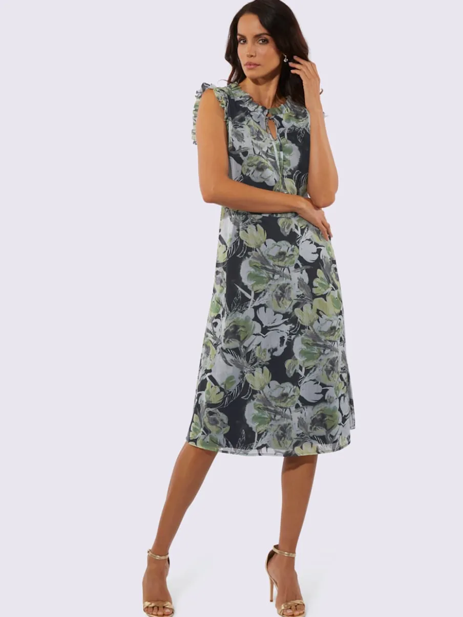 Robe d'été imprimée à encolure ronde et manches dentelle