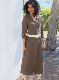 Robe en coton avec encolure en V et manches retroussables
