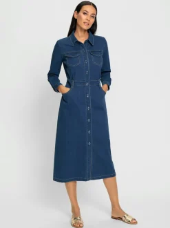 Robe en jean avec col chemise et fente arrière