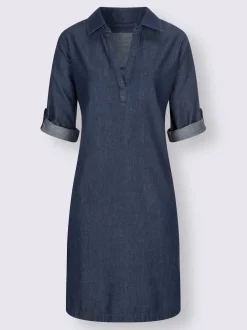 Robe en jean avec col chemise manches retroussables