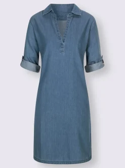 Robe en jean avec col chemise manches retroussables