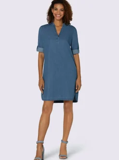 Robe en jean avec col chemise manches retroussables