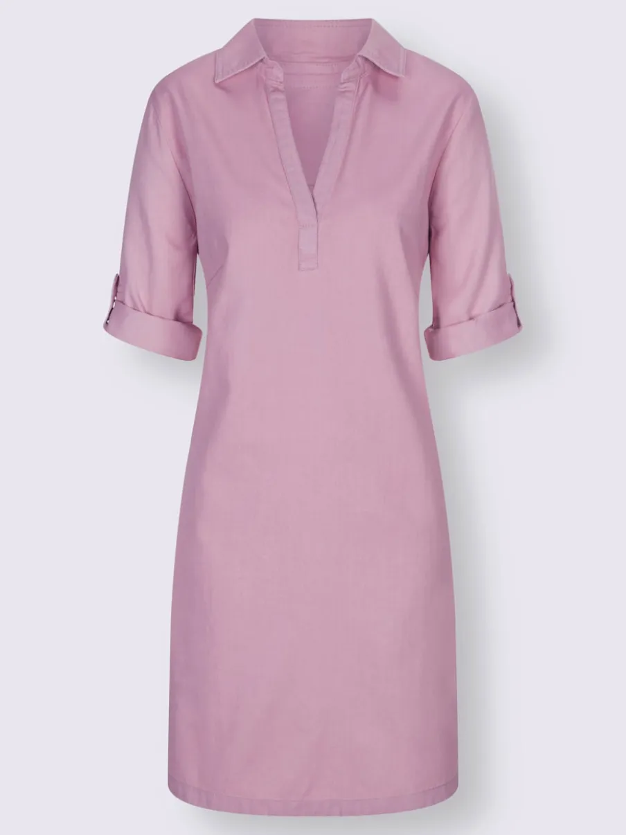 Robe en jean avec col chemise manches retroussables