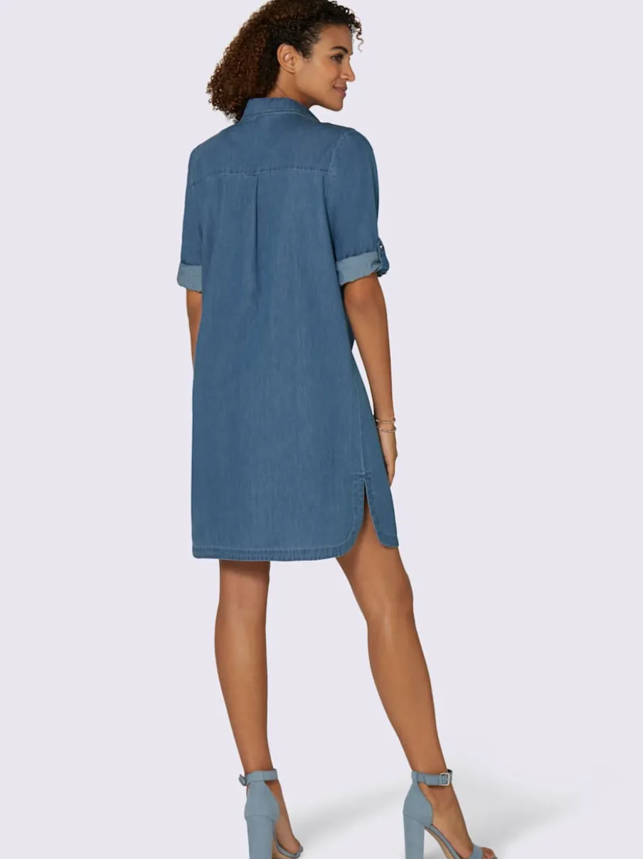 Robe en jean avec col chemise manches retroussables