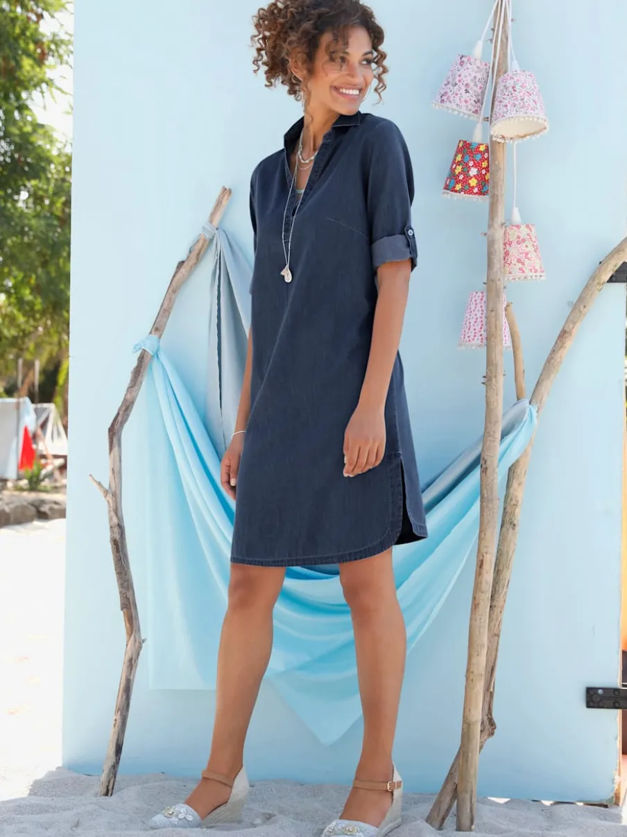 Robe en jean avec col chemise manches retroussables
