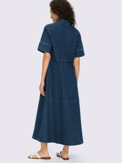 Robe en jean à col chemise et manches courtes avec poches discrètes