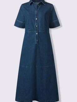 Robe en jean à col chemise et manches courtes avec poches discrètes