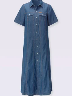 Robe en jean à col chemise et manches courtes avec poches poitrine