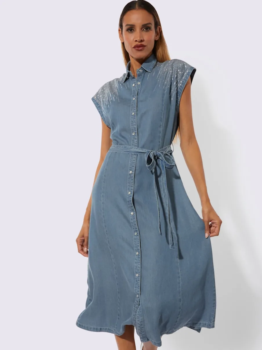 Robe en jean lyocell à col chemise mancherons