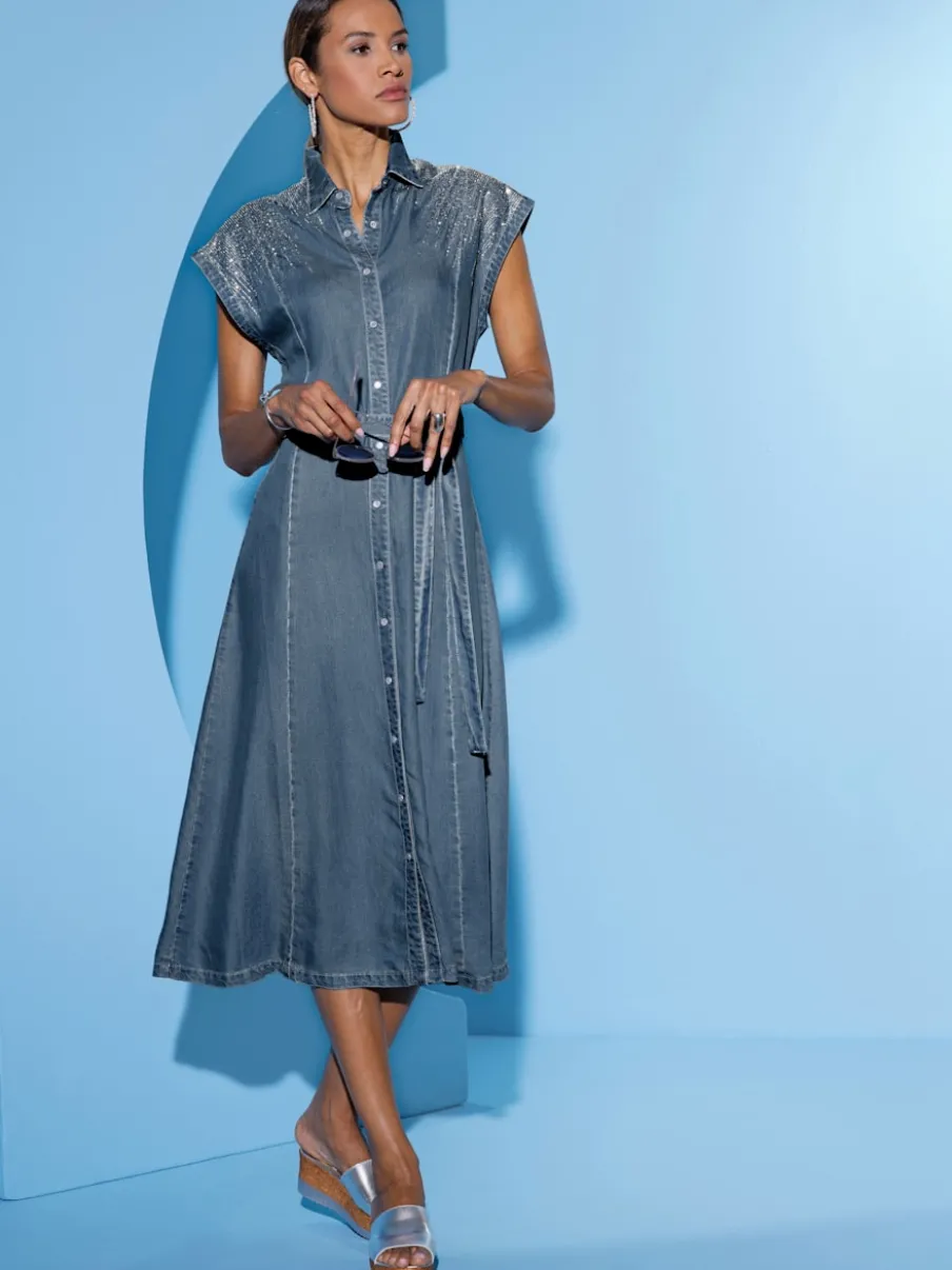 Robe en jean lyocell à col chemise mancherons