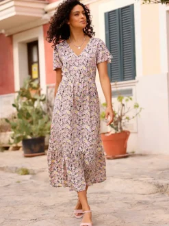 Robe en jersey avec fleurs et col en V à manches chauve-souris