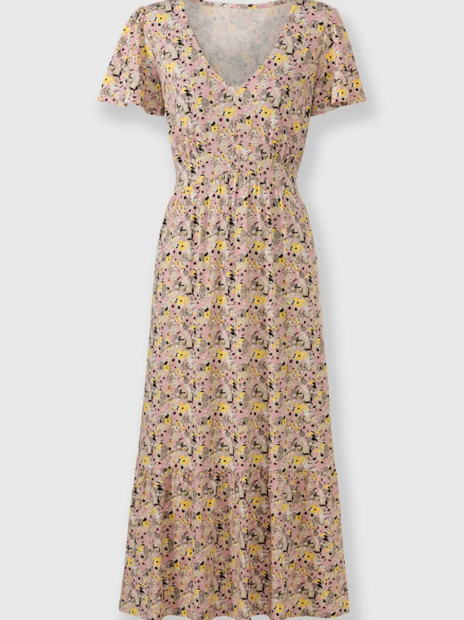 Robe en jersey avec fleurs et col en V à manches chauve-souris