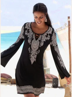 Robe en jersey caftan à manches évasées et laçage