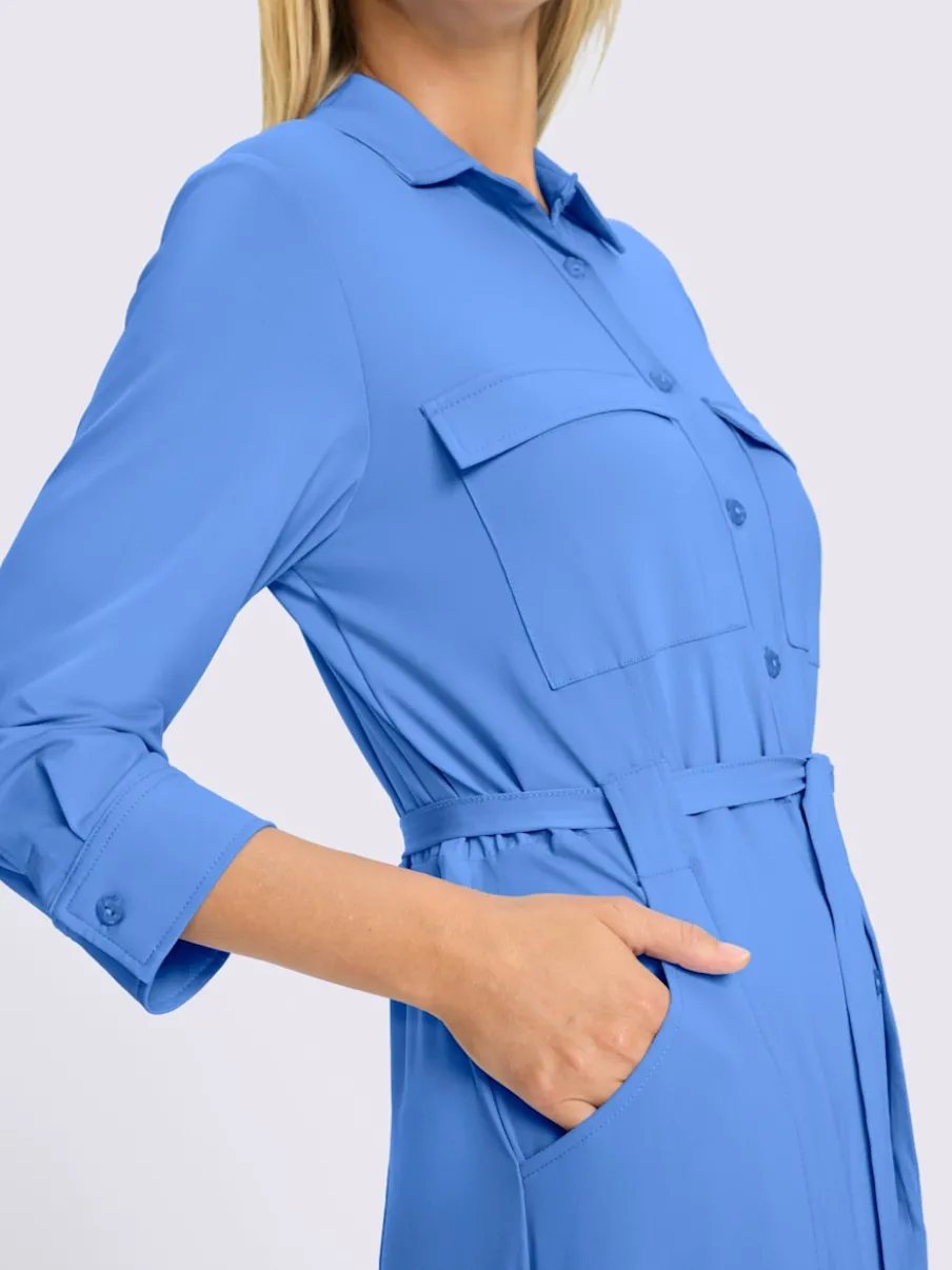 Robe en jersey à col chemise et manches trois quarts