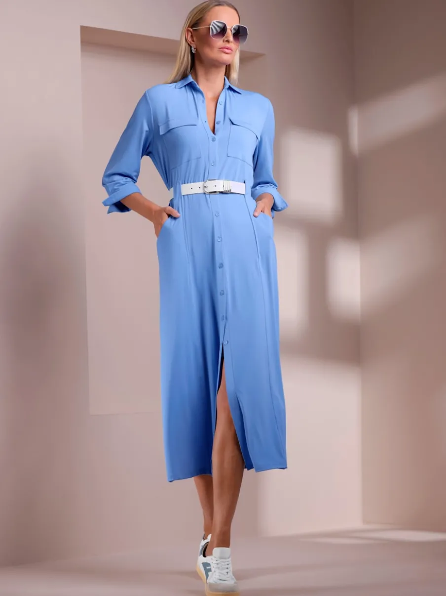 Robe en jersey à col chemise et manches trois quarts