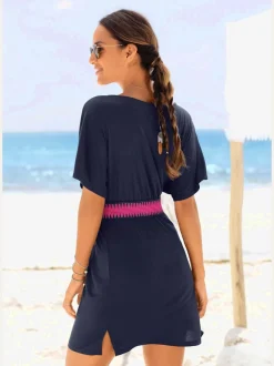 Robe en jersey col V avec ceinture élastique contrastée