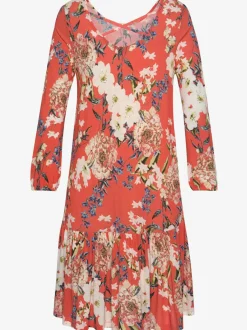 Robe en jersey à manches 3/4 élastiquées avec volant et encolure à rubans