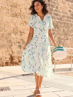Robe fluide avec col V et manches courtes à motifs floraux
