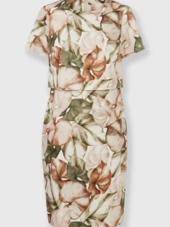 Robe fourreau à manches courtes avec motif feuilles et fente au dos