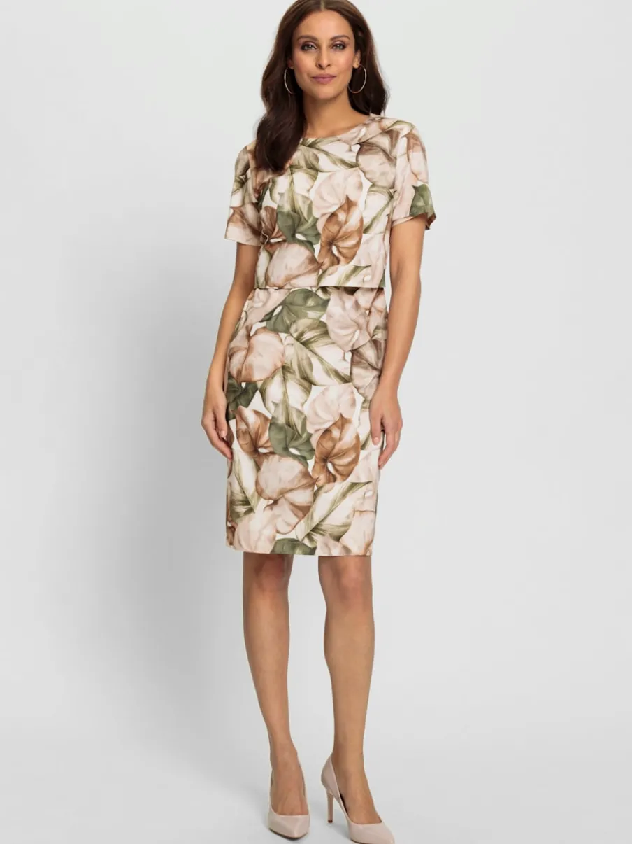 Robe fourreau à manches courtes avec motif feuilles et fente au dos