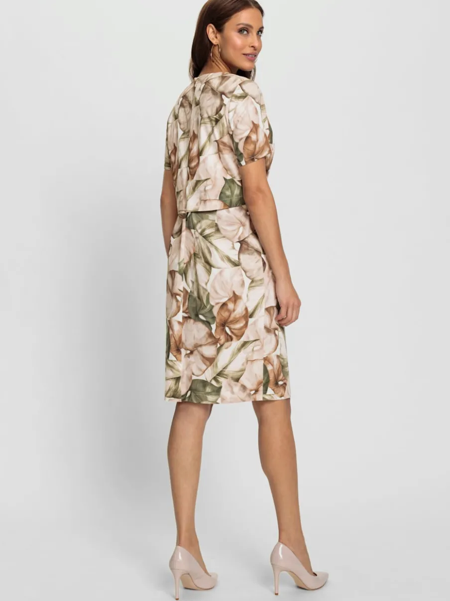 Robe fourreau à manches courtes avec motif feuilles et fente au dos