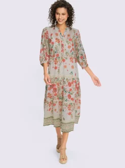 Robe imprimée avec encolure ronde et manches 3/4 fleuries