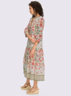Robe imprimée avec encolure ronde et manches 3/4 fleuries