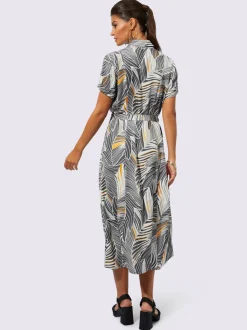 Robe imprimée col chemise manches courtes jupe évasée
