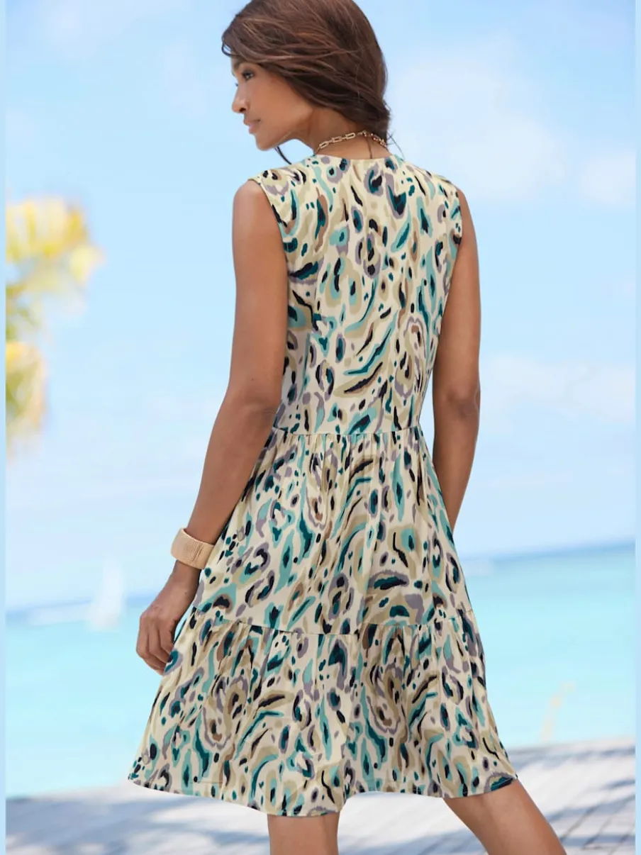 Robe imprimée col V avec larges bretelles et patte de boutonnage