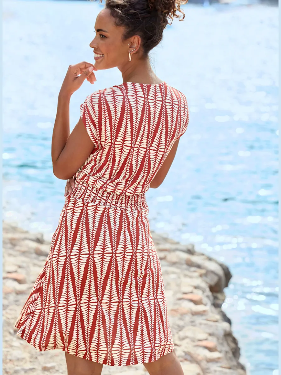 Robe jersey encolure dégagée avec fronces et imprimé