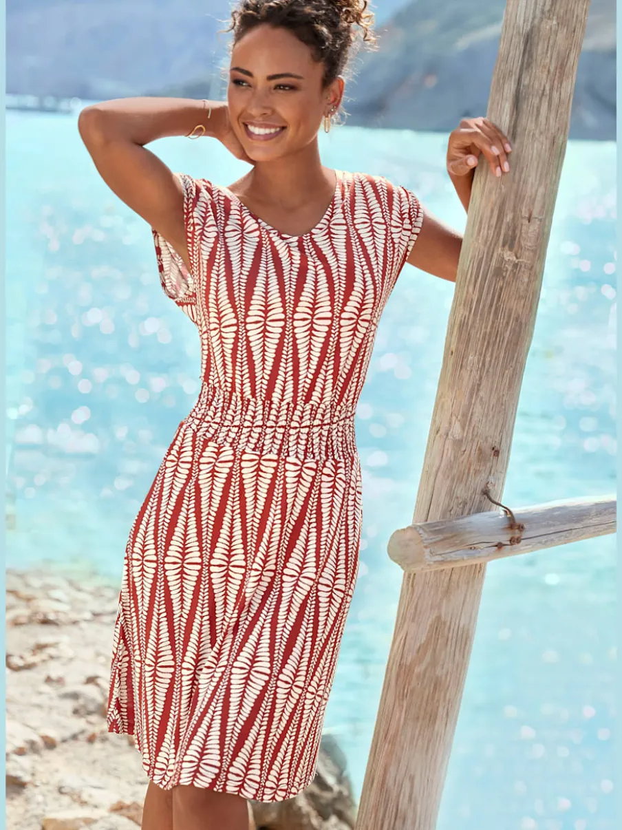 Robe jersey encolure dégagée avec fronces et imprimé