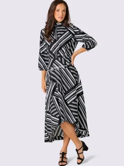 Robe longue avec col montant et manches trois-quarts à motif graphique