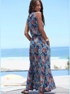 Robe longue avec col rond et fente latérale