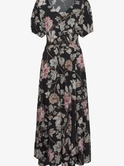Robe longue avec col V et manches bouffantes ornée de motifs floraux