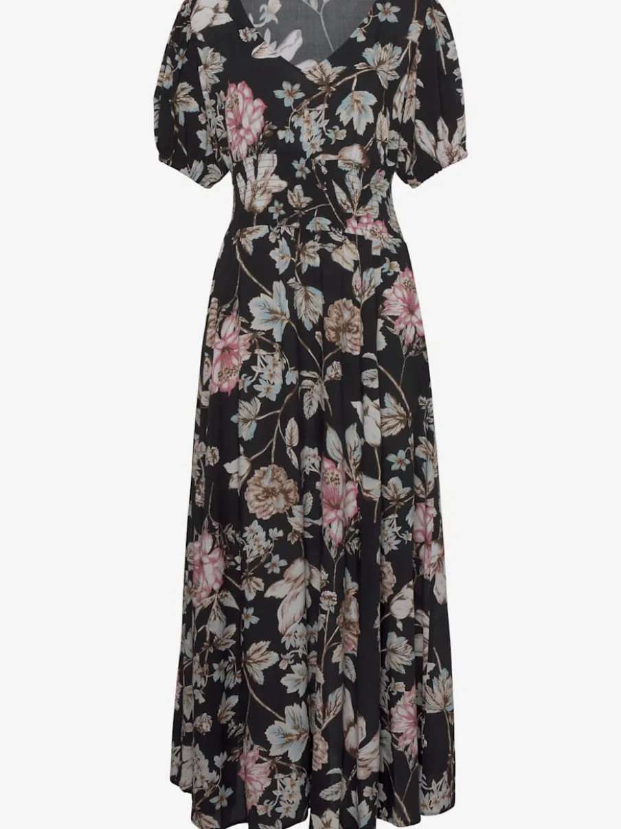 Robe longue avec col V et manches bouffantes ornée de motifs floraux