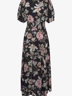 Robe longue avec col V et manches bouffantes ornée de motifs floraux