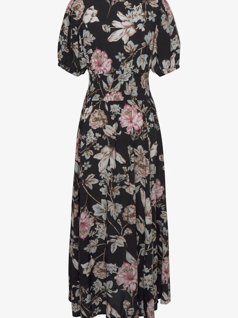 Robe longue avec col V et manches bouffantes ornée de motifs floraux