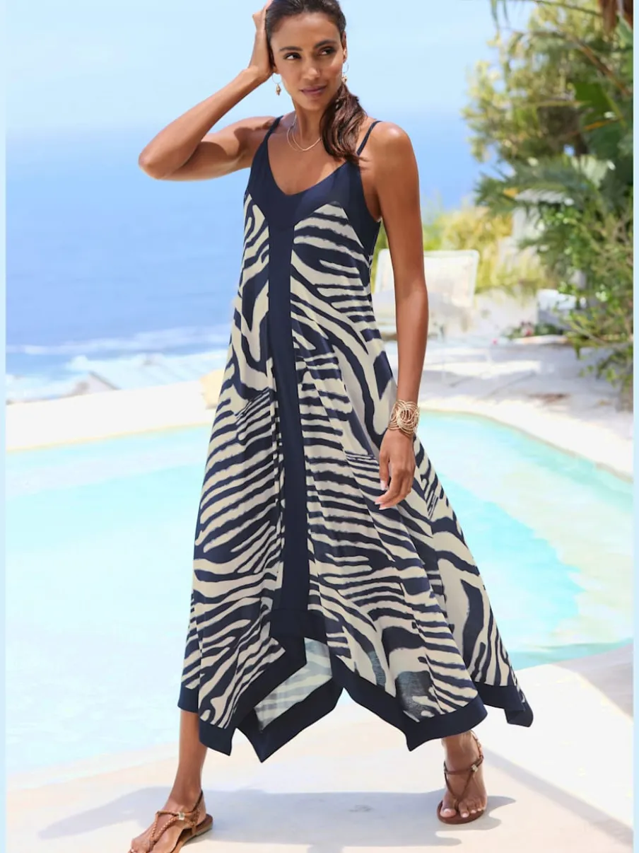 Robe longue avec col V profond et ourlet asymétrique à imprimé zèbre