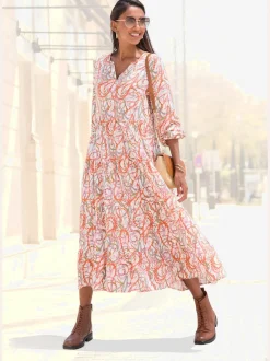 Robe longue avec encolure en v et manches élastiquées