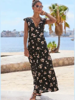 Robe longue avec encolure en V et manches chauve-souris