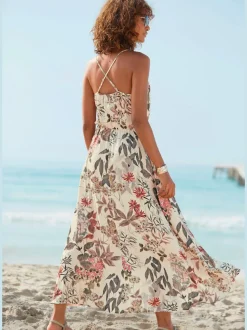 Robe longue avec encolure ronde et bretelles spaghetti réglables