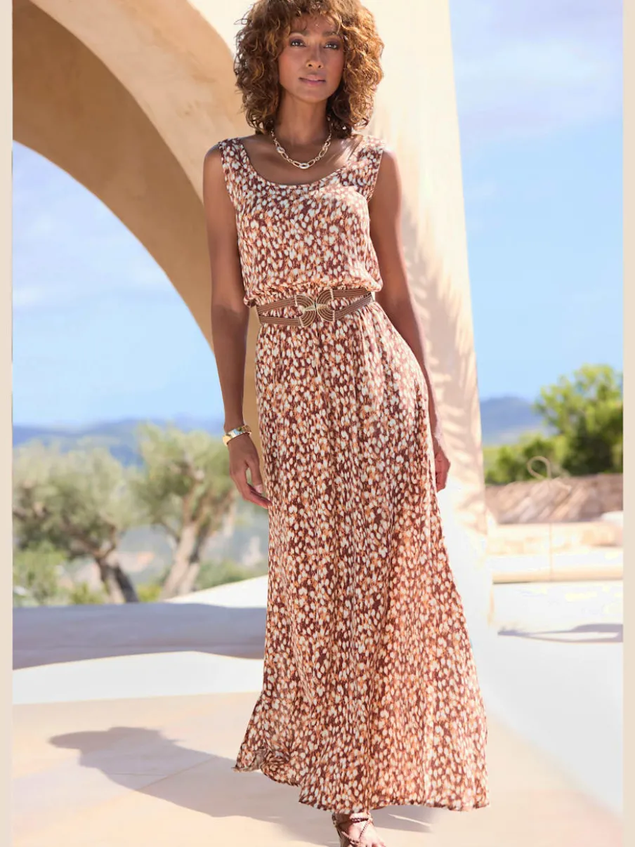 Robe longue avec taille élastiquée et fentes latérales