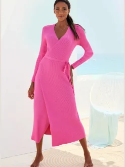 Robe longue cache-cœur en tricot avec ceinture ajustable