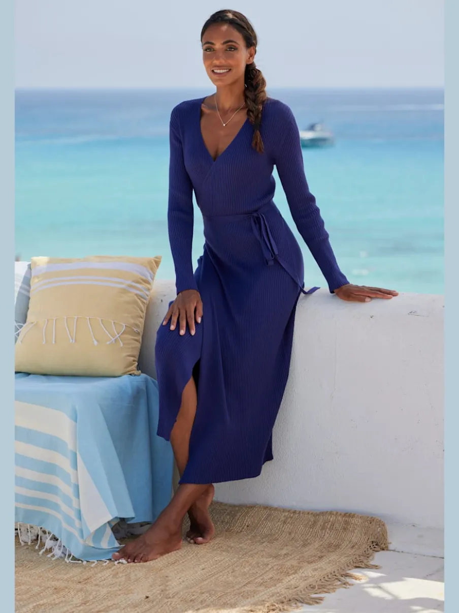 Robe longue cache-cœur en tricot avec ceinture ajustable