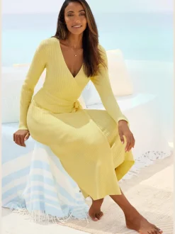 Robe longue cache-cœur en tricot avec ceinture ajustable