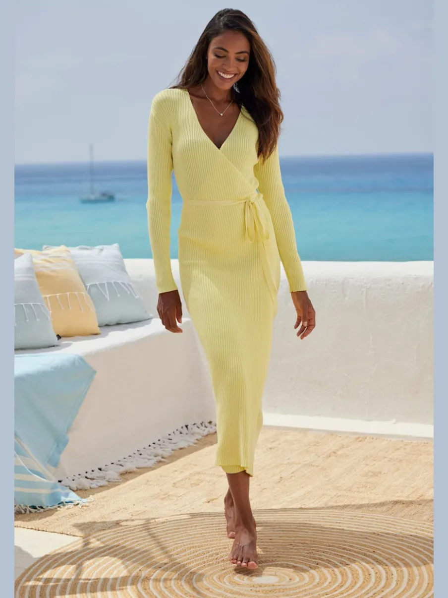 Robe longue cache-cœur en tricot avec ceinture ajustable