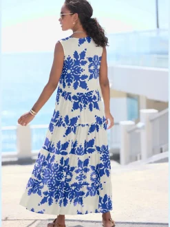 Robe longue col v à bordure avec motifs floraux