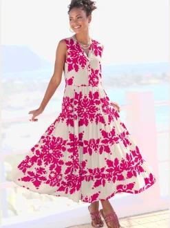 Robe longue col v à bordure avec motifs floraux